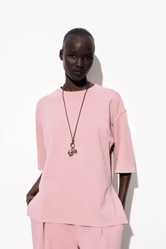 WASHED EFFECT INTERLOCK T-SHIRT-Powder pink - 2