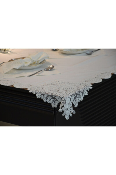 Water Drop Ecru 12-Person 26-Piece French Lace Dowry Dinner Tablecloth Set Runner Set - 3