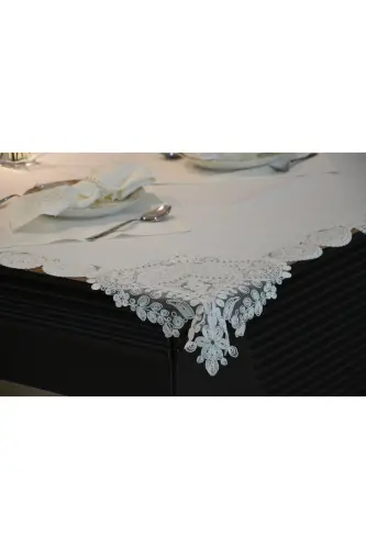 Water Drop Ecru 12-Person 26-Piece French Lace Dowry Dinner Tablecloth Set Runner Set - 6