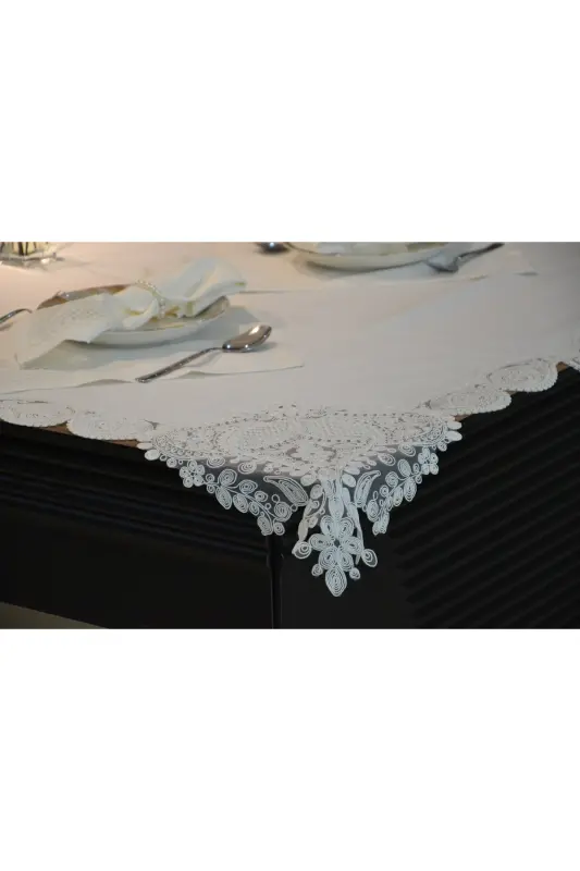 Water Drop Ecru 12-Person 26-Piece French Lace Dowry Dinner Tablecloth Set Runner Set - 6
