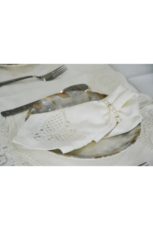 Water Drop Ecru 12-Person 26-Piece French Lace Dowry Dinner Tablecloth Set Runner Set - 7