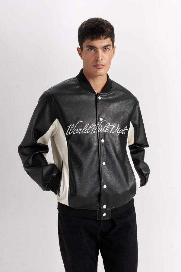 Water Repellent Bomber Jacket College Collar Snap Button Closure Pockets Seasonal Lightweight Black - 1