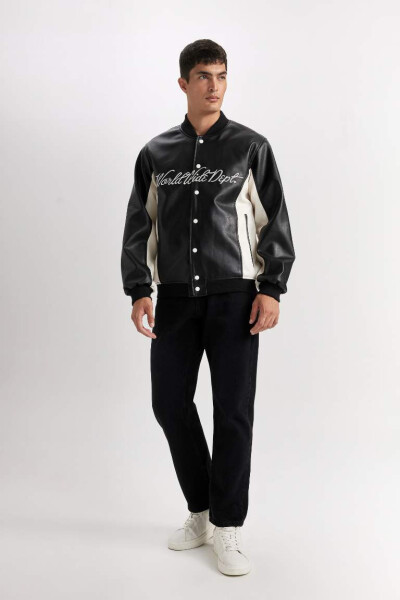 Water Repellent Bomber Jacket College Collar Snap Button Closure Pockets Seasonal Lightweight Black - DEFACTO (1)