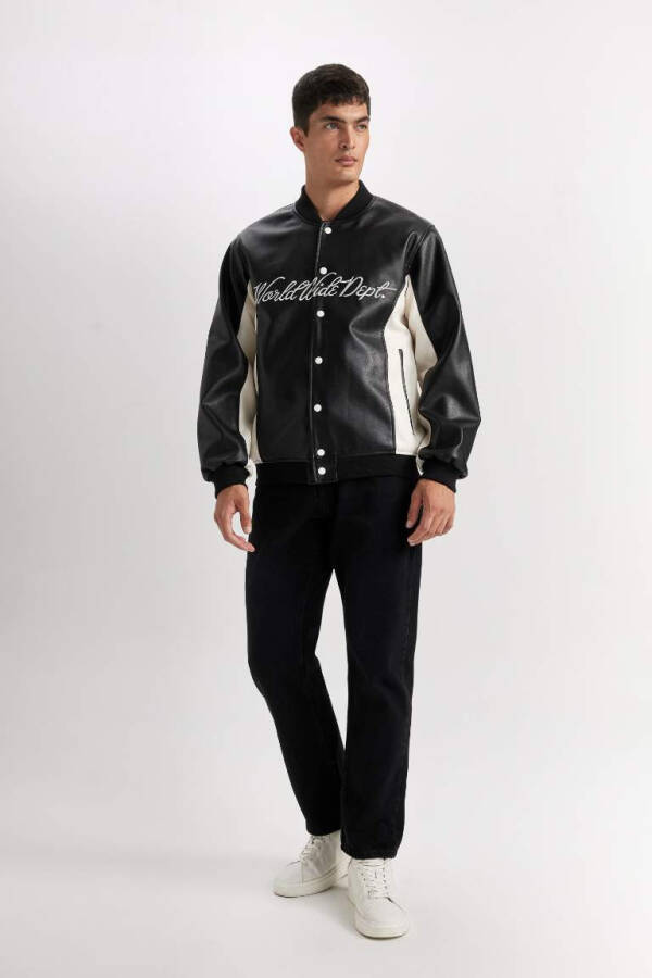 Water Repellent Bomber Jacket College Collar Snap Button Closure Pockets Seasonal Lightweight Black - 2
