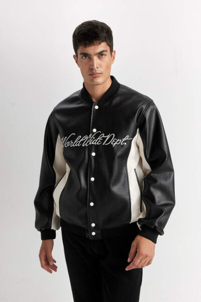 Water Repellent Bomber Jacket College Collar Snap Button Closure Pockets Seasonal Lightweight Black - 4