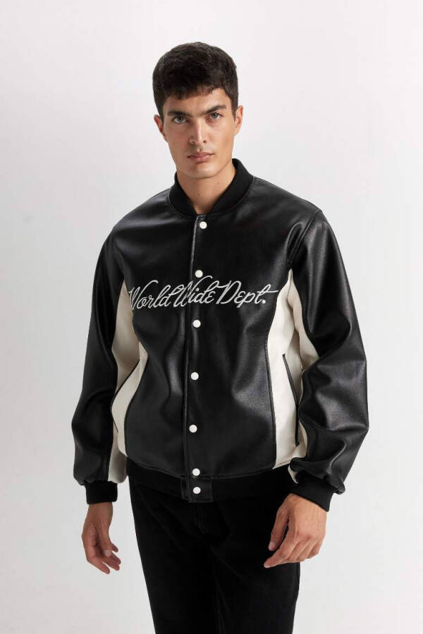 Water Repellent Bomber Jacket College Collar Snap Button Closure Pockets Seasonal Lightweight Black - 4