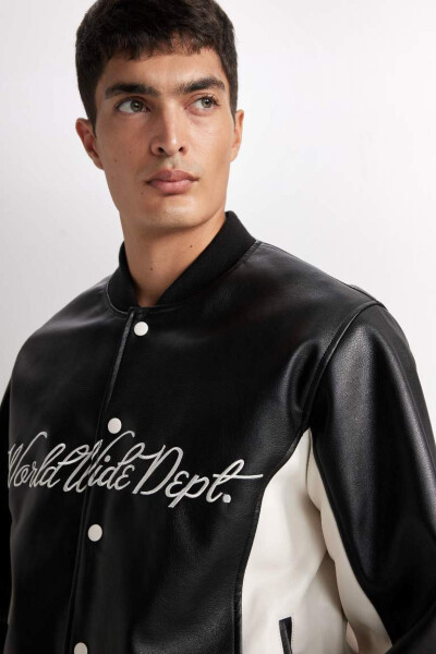 Water Repellent Bomber Jacket College Collar Snap Button Closure Pockets Seasonal Lightweight Black - 5