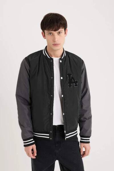 Water Repellent Bomber Jacket College Collar Snap Double Pocket Casual Black - 3