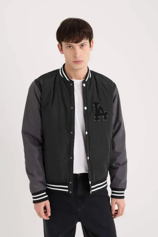 Water Repellent Bomber Jacket College Collar Snap Double Pocket Casual Black - 3