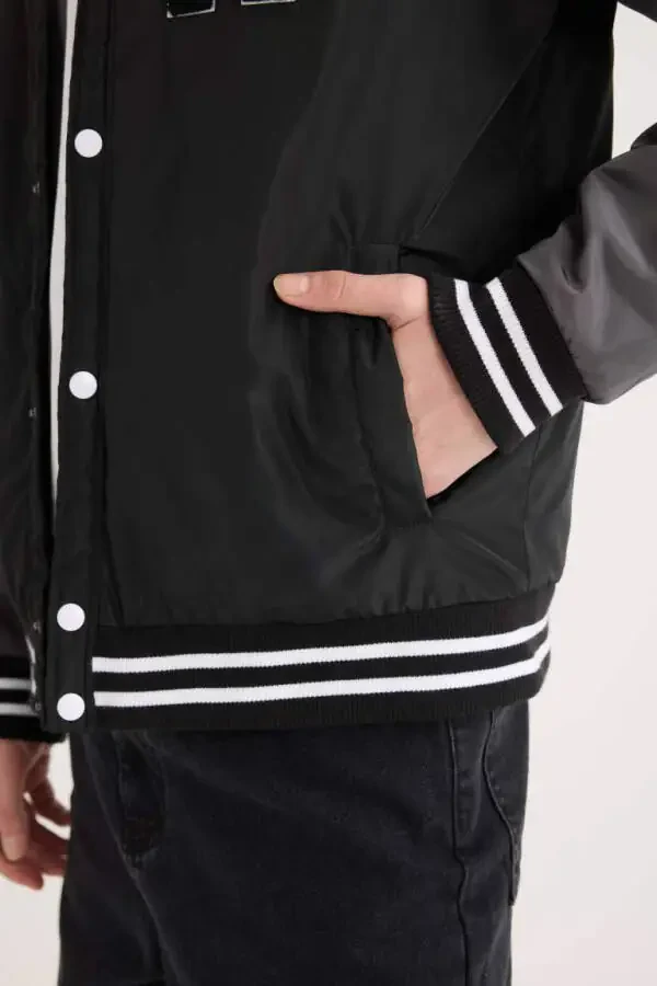 Water Repellent Bomber Jacket College Collar Snap Double Pocket Casual Black - 6