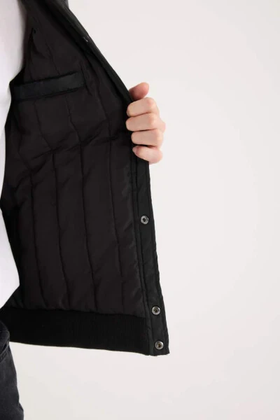 Water Repellent Bomber Jacket College Collar Snap Double Pocket Casual Black - 7