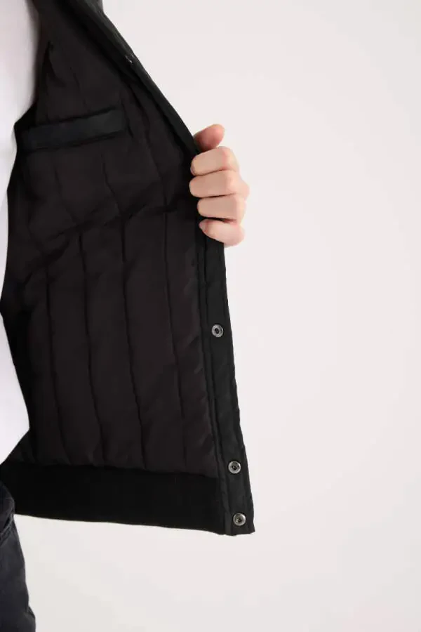 Water Repellent Bomber Jacket College Collar Snap Double Pocket Casual Black - 7