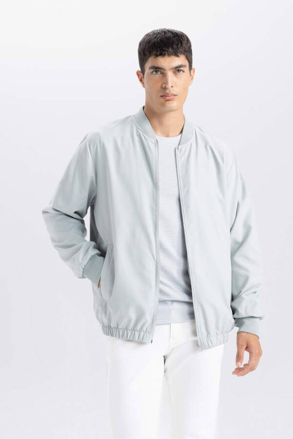 Water-repellent Bomber Jacket with College Collar, Zippers and Pockets, Versatile and Lightweight, Mint - 2