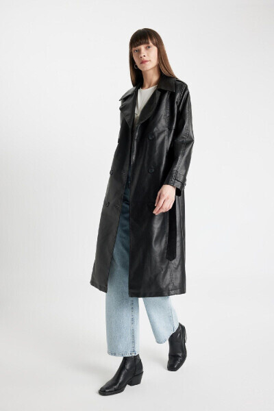 Water-repellent Faux Leather Trench Coat with Crossover Collar, Buttons, Belt and Pockets A7960ax24au - 7