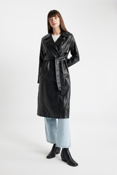 Water-repellent Faux Leather Trench Coat with Crossover Collar, Buttons, Belt and Pockets A7960ax24au - 8
