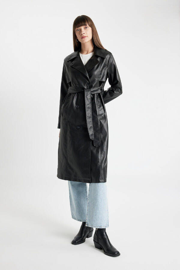 Water-repellent Faux Leather Trench Coat with Crossover Collar, Buttons, Belt and Pockets A7960ax24au - 8