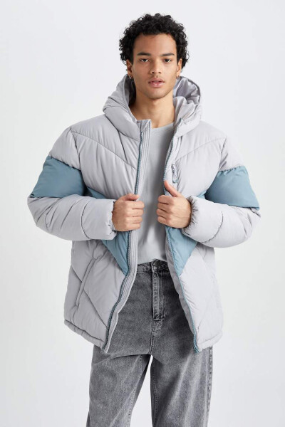 Water-Repellent Hooded Puffer Jacket with Zipper and Two Pockets in Gray - 2