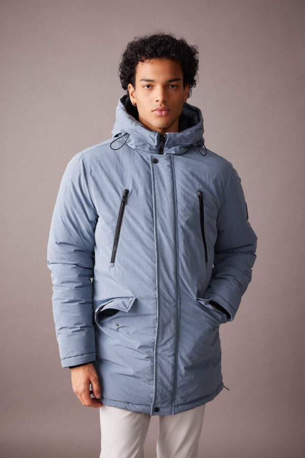 Water Repellent Hooded Zip Double Pocket Parka Jacket Light Blue - 1