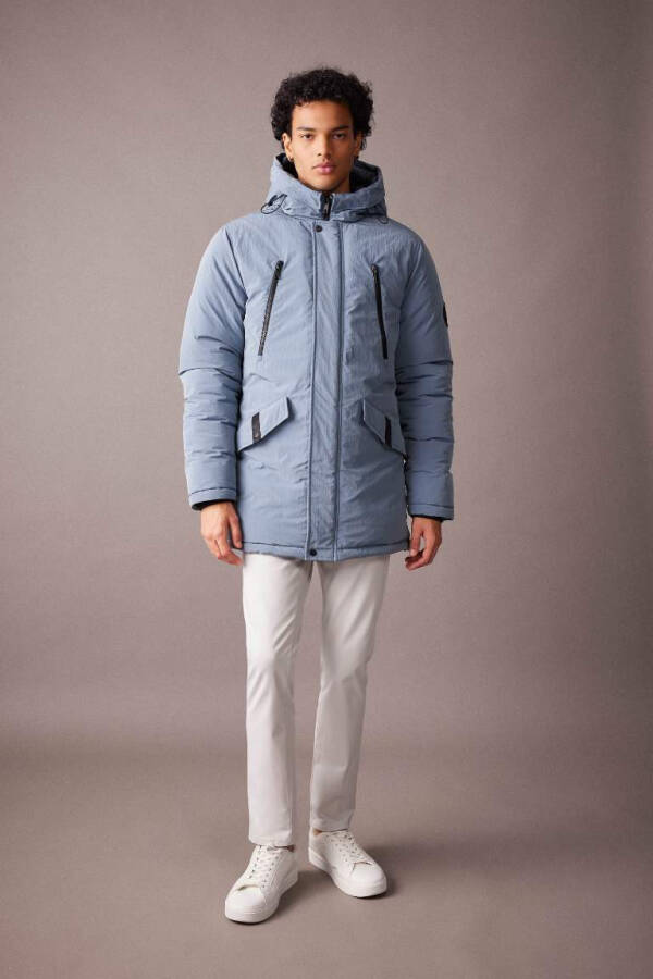 Water Repellent Hooded Zip Double Pocket Parka Jacket Light Blue - 2