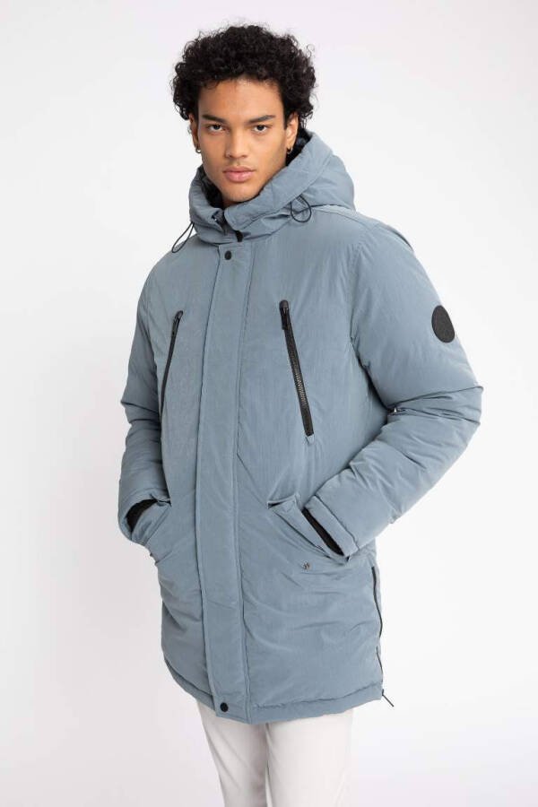 Water Repellent Hooded Zip Double Pocket Parka Jacket Light Blue - 4