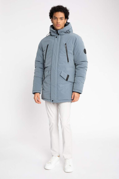 Water Repellent Hooded Zip Double Pocket Parka Jacket Light Blue - 5