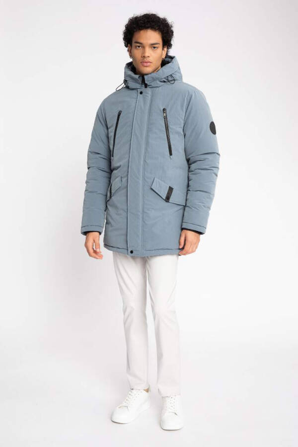 Water Repellent Hooded Zip Double Pocket Parka Jacket Light Blue - 5