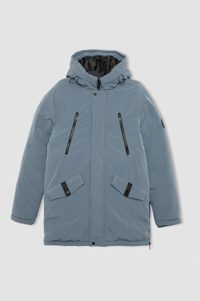 Water Repellent Hooded Zip Double Pocket Parka Jacket Light Blue - 11