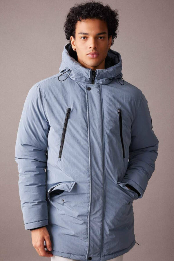 Water Repellent Hooded Zip Double Pocket Parka Jacket Light Blue - 10