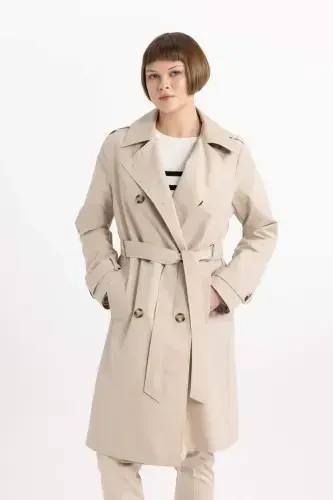 Water Repellent Lapel Collar Button Closure Pocket Belted Epauletted Trench Coat A0593ax24sp - 1