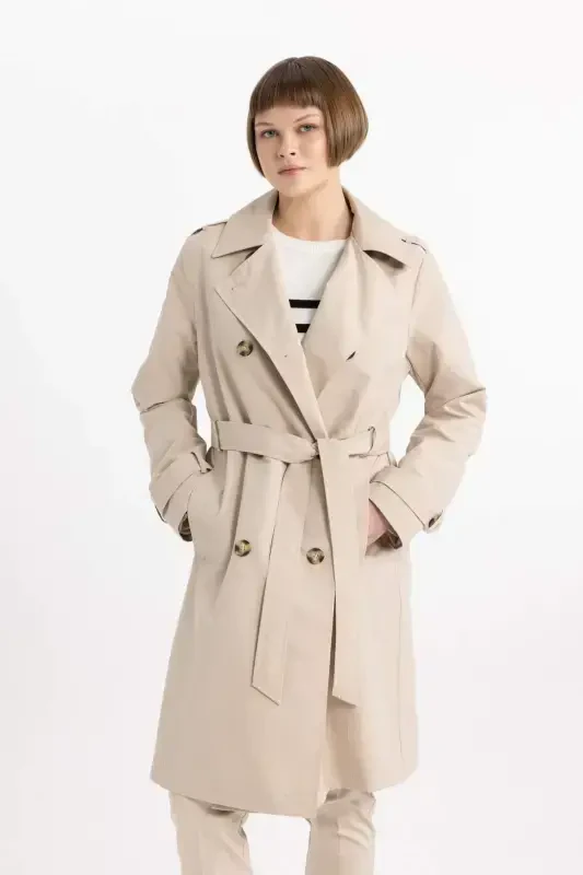 Water Repellent Lapel Collar Button Closure Pocket Belted Epauletted Trench Coat A0593ax24sp - 1