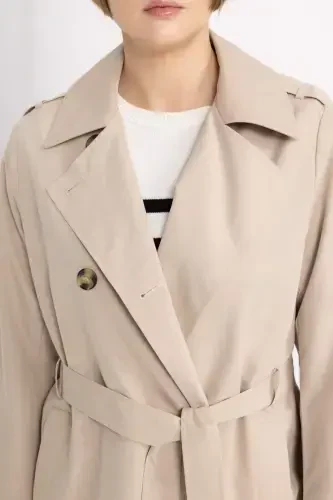 Water Repellent Lapel Collar Button Closure Pocket Belted Epauletted Trench Coat A0593ax24sp - 5