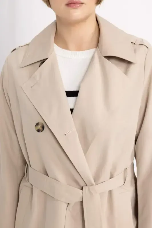 Water Repellent Lapel Collar Button Closure Pocket Belted Epauletted Trench Coat A0593ax24sp - 5