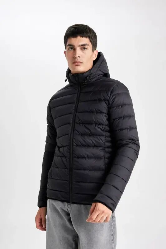 Water-Repellent Lightweight Puffer Jacket Slim Fit Narrow Cut Hooded Zippered Pocket Seasonal Black - 1