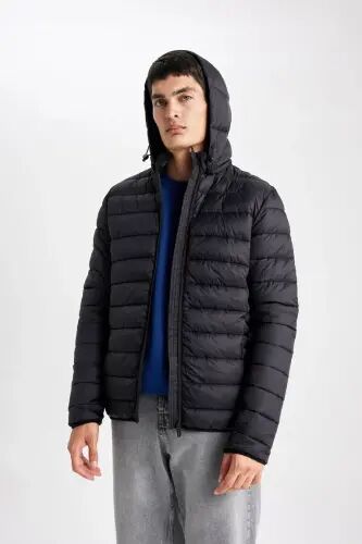 Water-Repellent Lightweight Puffer Jacket Slim Fit Narrow Cut Hooded Zippered Pocket Seasonal Black - 4