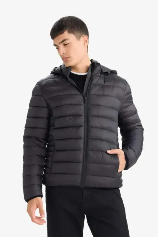 Water-Repellent Lightweight Puffer Jacket Slim Fit Narrow Cut Hooded Zippered Pocket Seasonal Black - 3