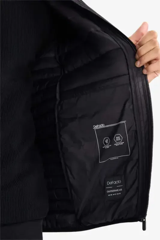 Water-Repellent Lightweight Puffer Jacket Slim Fit Narrow Cut Hooded Zippered Pocket Seasonal Black - 5