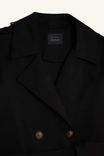 Water Repellent Oversize Wide Fit Long Trench Coat Double Breasted Collar Buttoned Pockets Folded Sleeve Windbreaker Detailed Seasonal-Black - DEFACTO (1)