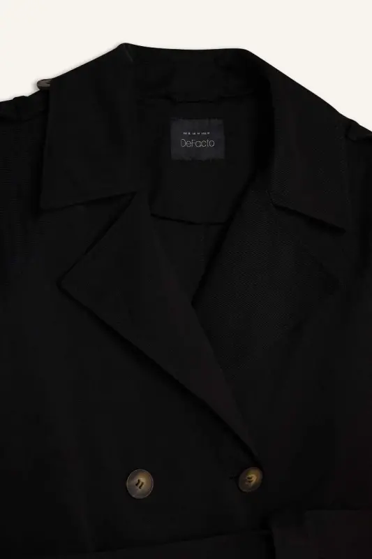 Water Repellent Oversize Wide Fit Long Trench Coat Double Breasted Collar Buttoned Pockets Folded Sleeve Windbreaker Detailed Seasonal-Black - 2