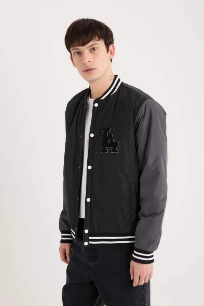 Water Repellent Regular Fit College Neck Bomber Jacket Black - DEFACTO