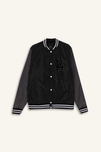 Water Repellent Regular Fit College Neck Bomber Jacket Black - 9