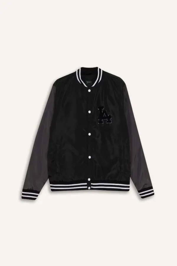 Water Repellent Regular Fit College Neck Bomber Jacket Black - 9