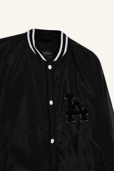 Water Repellent Regular Fit College Neck Bomber Jacket Black - 10