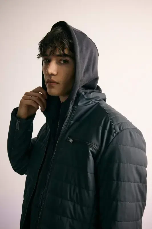 Water Repellent Slim Fit Faux Leather Jacket Slim Fit Stand Collar Zippered Pocket B3568AX24SP-Anthracite - 2