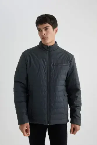 Water Repellent Slim Fit Faux Leather Jacket Slim Fit Stand Collar Zippered Pocket B3568AX24SP-Anthracite - 5