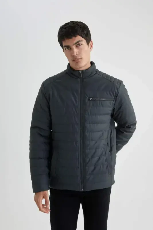 Water Repellent Slim Fit Faux Leather Jacket Slim Fit Stand Collar Zippered Pocket B3568AX24SP-Anthracite - 8