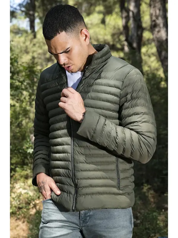 Water Repellent Slim Fit Pocketed Stand-Up Collar Padded Jacket 649010-Khaki - LC WAIKIKI