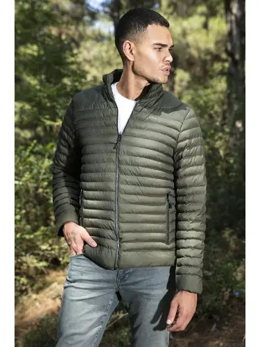 Water Repellent Slim Fit Pocketed Stand-Up Collar Padded Jacket 649010-Khaki - 2