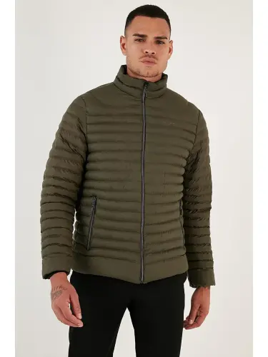 Water Repellent Slim Fit Pocketed Stand-Up Collar Padded Jacket 649010-Khaki - 3