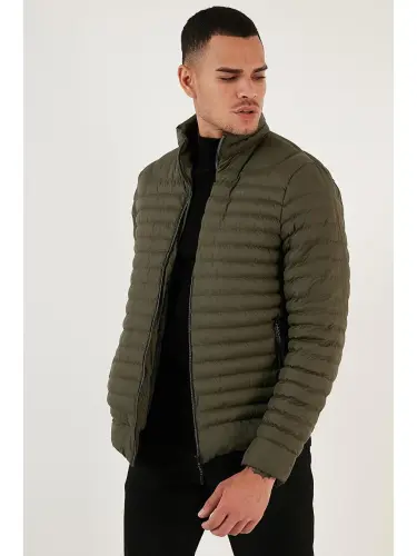 Water Repellent Slim Fit Pocketed Stand-Up Collar Padded Jacket 649010-Khaki - 4
