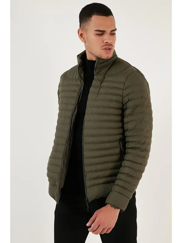 Water Repellent Slim Fit Pocketed Stand-Up Collar Padded Jacket 649010-Khaki - 4